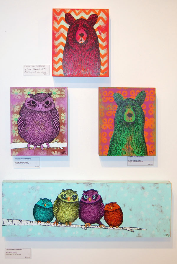 A Bear Named Kim (top), An Owl Named Ingrid (middle left),  A Bear named Stan (middle right) and Woodland Family by Cherie Van Overbeke Acrylic and Ink on Wood
