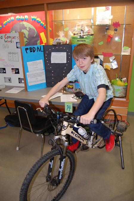 Magnus Nielsen demonstrates the power of pedaling in his Grade 5 Science Fair exhibit at Begbie View Elementary School on Thursday, April 10. David F. Rooney photo