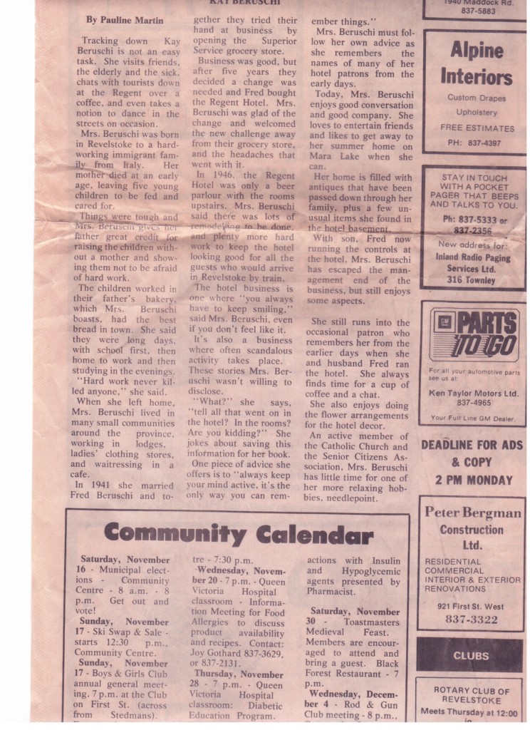 This is a story about Kay published many years ago in the old Revelstoke Review. Image courtesy of the Beruschi family