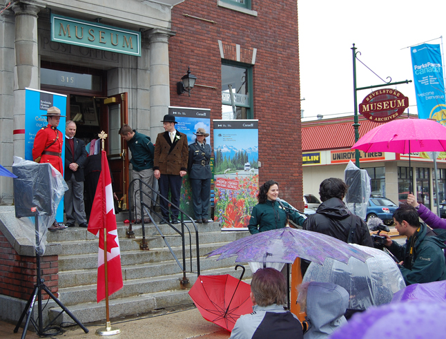 Parks Canada's Jacolyn Daniluck (center, right) did an excellent job as MC for the Mount Revelstoke National Park centennial that was held on First Street West in front of the Museum & Archives on Saturday, April 26. David F. Rooney photo