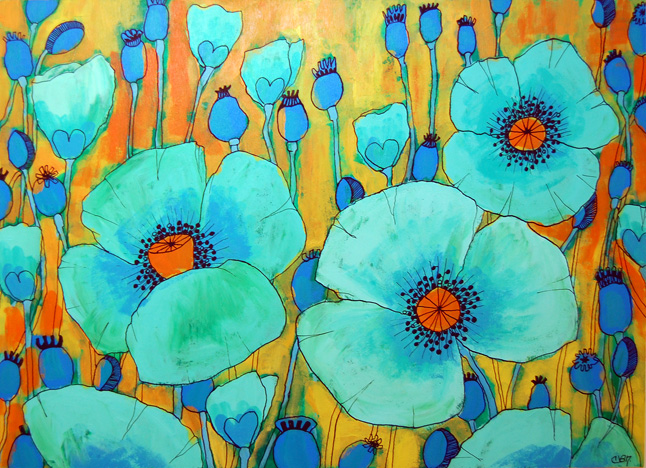 Blue Poppies Cherie Van Overbeke Acrylic and ink on wood