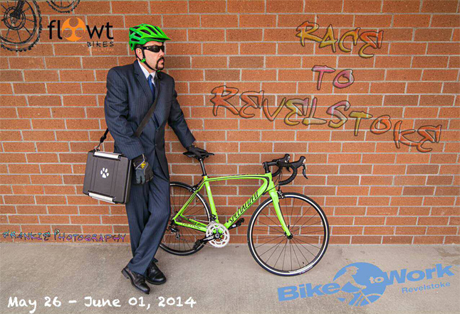Pharmasave photo department maestro Andrew Moore is taking Bike to Work Week very seriously this year. How seriously? Well, he’s leaving Edmonton on Monday, May 26, at 8 am and cycling 720 kilometres with plans to arrive in Revelstoke in time for work on Sunday, June 1, at 11 am. Photo illustration courtesy of Andrew Moore