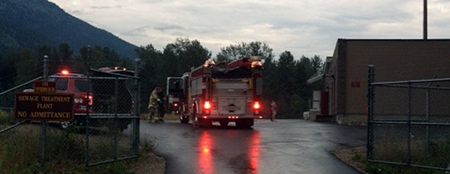 A malfunctioning drive belt on an air blower sparked an early evening fire at the City’s Waste Water Treatment Plant on Powerhouse Road on Thursday August 14. The Fire Rescue Service's fast — 3 minutes! — response with two vehicles and 20 personnel prevented what could have been a messy and expensive fire at a critical municipal service. Photo courtesy of the Revelstoke Fire Rescue Service