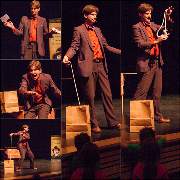 For this trick, Ryan showcased his artistic skills in drawing animals like the one to the top left, which happens to be a zebra, obviously. After asking a young girl in the audience what her favourite animal was from all his drawings, she picked the donkey. He then put all of them into a big paper bag and proceeded to fish for them with a straight rope. After some time spent arguing with the children because they would yell "you’re looking”, he pulled out an actual donkey toy tied to his rope. Silence erupted. Then applause.