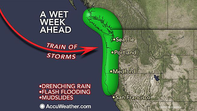 AccuWeather reports storms are lining up over the northern Pacific, en route to the northwestern United States and British Columbia. One of the storms early next week may be associated with tropical storm Ana. Graphic courtesy of AccuWeather.com