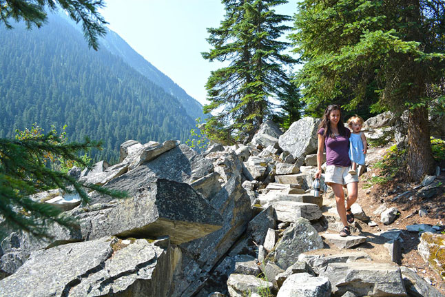 A mother and child negotiate the trail at the Rock Garden in Glacier National Park. Jeff Bolingbroke/Parks Canada photo