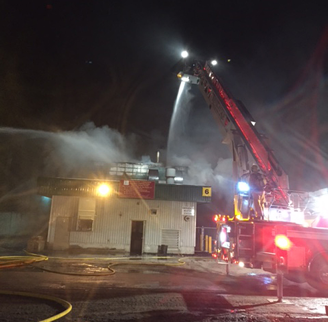 This image shows how Ladder 6, which is the City's newest fire truck, can bring its elevated water stream to bear on a burning roof. Photo courtesy of the Revelstoke Fire Rescue Service
