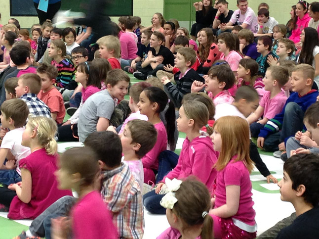 These youngsters at Columbia Park Elementary learned something valuable about themselves and others on Pink Shirt Day, last Wednesday, February 24.  Photo courtesy of Ariel McDowell