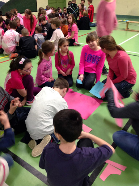 The boys and girls worked in small groups to discuss the important aspects of POink Shirt Day. Photo courtesy of Ariel McDowell