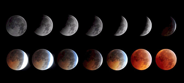 As the Moon slips into Earth’s shadow it will undergo a total eclipse early Saturday morning April 4.  The partial phases will span some 3 1/2 hours, but totality lasts less than five minutes. Keith Burns / NASA photo