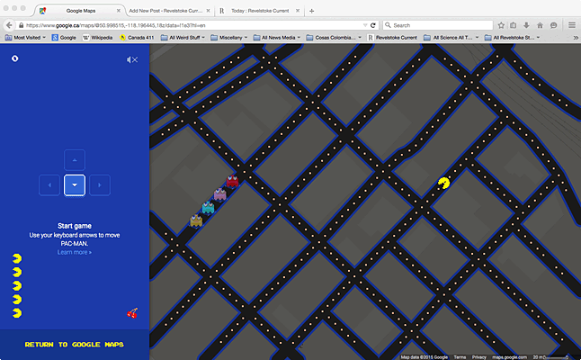 Time weighing heavily upon your hands today? Feeling a little bored and need something to do? Here's something different: You can play Pac Man using the streets of Revelstoke (or any other town for that matter) as your playing grid using Google Maps. Just click on the link below to go to Google Maps then click on the Pac Man icon on the left hand side of your screen and start eating power dots and evading the ghosts. You might have to adjust the map to ensure that you have enough streets to play on. Revelstoke Current screen shot