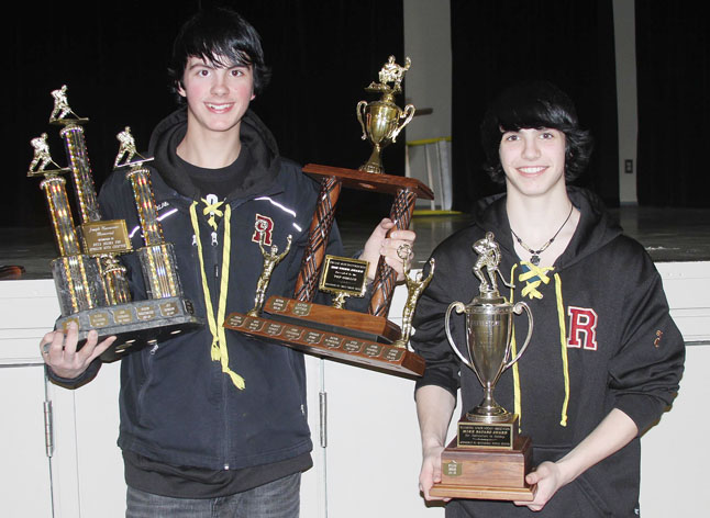 On March 10 Revelstoke Minor Hockey Association held its year-end wind up and awards night. It was the first such evening for RMHA after a 3 year hiatus. The night’s big winner was Spencer Spannier who took home the Bob Vigue trophy for the association’s top goaltender as well as the Joseph Naccarato Award for excellence in hockey, academics and leadership skills Rylan Bokis took home the newly established Mike Bafaro Award for dedication to hockey. Photo courtesy of Kevin Grimm