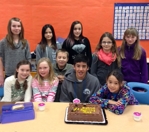 Students got to meet with each other after all their hard work at the School District 19 Spelling Bee at Columbia Park Elementary School on March 12.  Back Row: Amelie Delesalle, Samantha Flick, Kaytlynn New, Alyssa Bollefer and, Zoe Larsen. Front Row: Mimi Kramer, Maeve MacLeod, Josh Larsen, Nolan Gale and Kayln Gale. Absent from photo: Joe Bailey and Jayke Coueffin. Allison Just photo. Caption by Emily MacLeod and Amelie Delesalle 