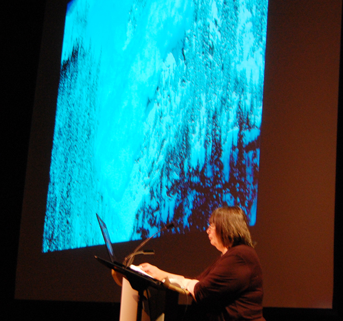 Revelstoke Museum Curator Cathy English proudly welcomes 200 guests to the Performing Arts Centre for the official unveiling of the museum's eagerly anticipated Land of Thundering Snow virtual exhibit. David F. Rooney photo