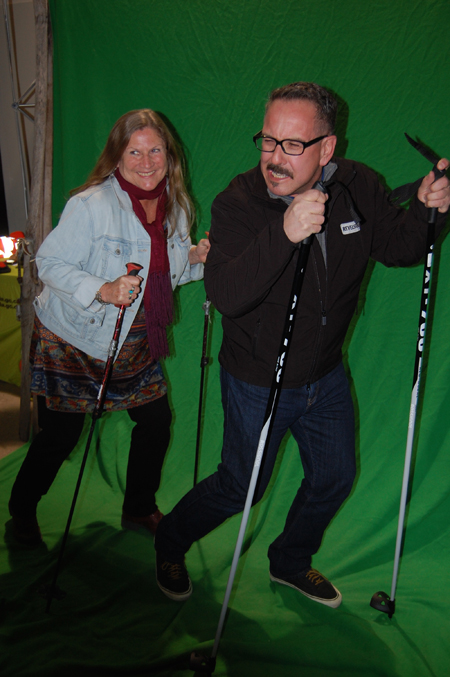 Carol Palladino and Thom Tischik pose as skiers on a green screen. Using an iPad their image could be inserted into an image of, say, and avalanche. David F. Rooney photo