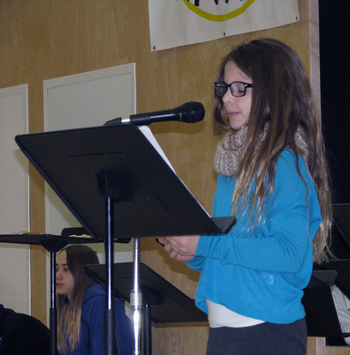Alyssa Bollefer addresses her school at an assembly on April 10. Eleanor Wilson photo