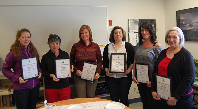 These were the six Life-Long Learning Award nominees. From left to rigfht are: Katlyn Brensrud, Pam Doyle accepting on behalf of Satwant Kaur, Diane Warger, Terina Sessa, Danielle Fenrich and Chris Meade. Diane won the Life-Long Learning Award, which included a $50 gift certificate at Grizzly Books. David F. Rooney photo