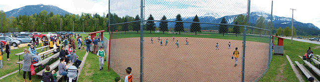 Revelstoke Minor Ball kicked off their 2015 season at Centennial Park on Monday afternoon with 69 kids enrolled in nine teams. That'[s an excellent turnout and, said Minor Ball President Many MacQuarrie, represents an increase of 15 boys and girls this year over last. The kids all have new uniforms this yeR courtesy of Tim Hortons. David F. Rooney photo