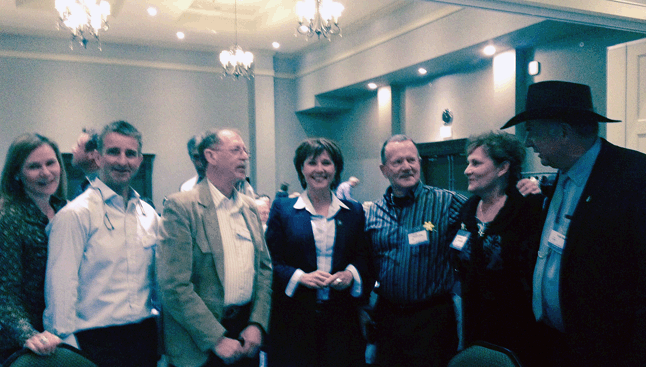Premier Christy Clark's visi to Salmon Arm on Wednesday attracted a lot of BC Liberals Party members and their friends, among them 11 Revelstokians. Here are a few of them posing with the premier. Left to right are: Shelley and David Evans, Barry Ozero, Lowrie Shears of Salmon Arm, his wife and Peter Bernacki. Photo courtesy of Peter Bernacki