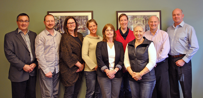 The Board of Directors of the PacificSport Columbia Basin Society. From left to right: Neil Muth, Jordan Petrovics, Karen Kettenacker, Janis Neufeld, Sandi Lavery, Glenda Newsted, Kim Palfenier and Alan Chell, plus Bill Woodley, Vice-President Business Development and Operations, ViaSport. Missing: Anthony Bell. Photo courtesy of the PacificSport Columbia Basin Society