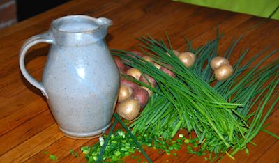 Chive soup needs the simplest of ingredients--potatoes, milk, chives.