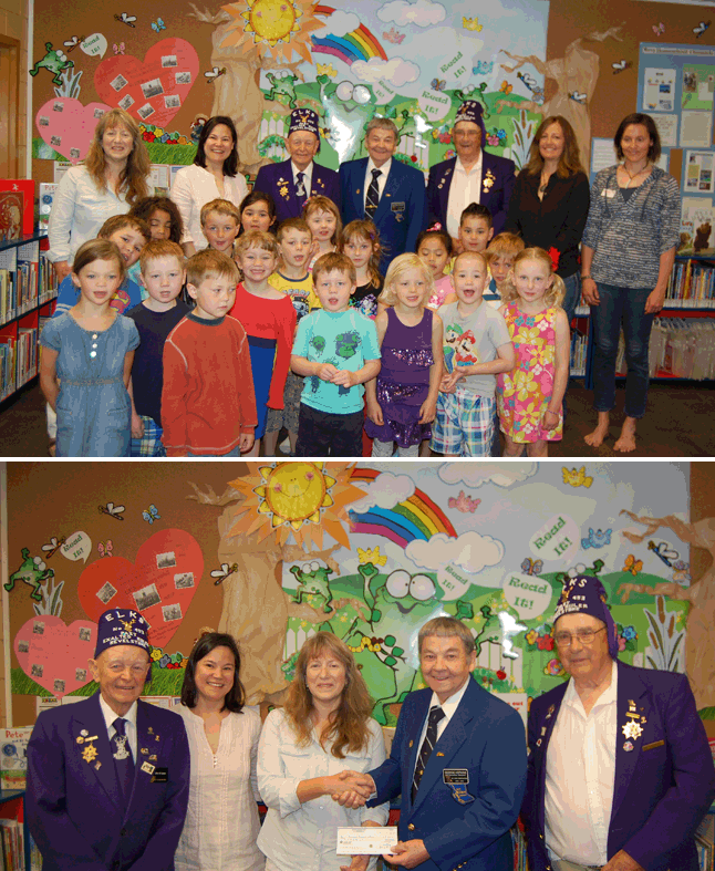 Community Librarian Kendra Runnalls and her assistants, Lucie Bergeron, Susan Knight and Gabriella Dabroczi pose with Revelstoke Elks President George Hopkins and past presidents Jack Carten and Clancy Boettger, and some of the many children — all members of Sonia Maitre’s Kindergarten class from Begbie View Elementary — who benefit, in one way or another, from the Elks financial generosity. The three men dropped by the Revelstoke Branch of the Okanagan Regional Library on Thursday morning, May 14, to donate $500 for its children’s programs. The Elks are also generous donors to medical and recreational programs for kids but really, really, really need new blood. They have only 14 active members, most of whom are seniors. Without younger men the Elks will follow clubs like the Lions and Moose that have vanished because they could not attract new members. David F. Rooney photo