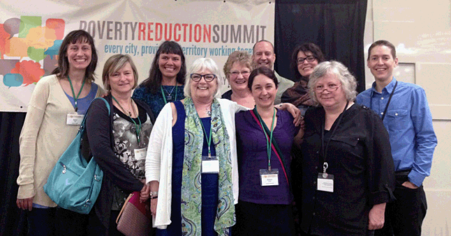 Revelstoke’s Jill Zacharias (second from the left in back, poses with the Columbia Basin contingent at the conference in Ottawa: Kerri Wall (Cranbrook Poverty Committee, IH Community Health Facilitator), Liz Gillis (Acting Manager, CBT Social Initiatives), Jill Zacharias (City of Revelstoke Social Development Coordinator), Jan Wright & Jan Morton (Trail, Women Creating Change Project), Alison Homer (Abbotsford), Jonathan Buttle (Selkirk College, Rural Development Institute), Jocelyn Carver (Nelson Food Coop, Nelson at its Best Initiative), Trish Garner (BC Poverty Reduction Coalition). Photo courtesy of Jill Zacharias