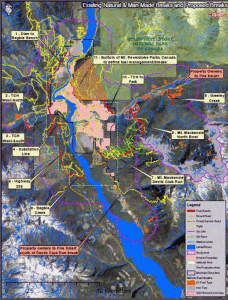 Existing natural and man-made fuel breaks in and near Revelstoke. Please click on the image to see it in a larger format. Map courtesy of the Community Wildland Fire Protection Committee 