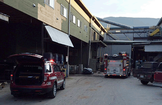 An early morning 911 call about a commercial structure fire at Downie Timber Ltd. brought a swift response from Revelstoke Fire Rescue Services. Twenty-two firefighters responded to the 6:08 am alarm. Photo courtesy of the Revelstoke Fire Rescue Service