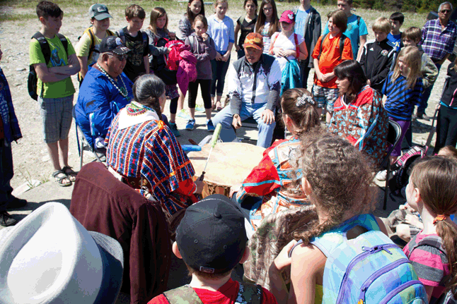 SHELTER BAY — The traditional drum circle fascinated the many Revelstoke students who attended the sturgeon release on Thursday, May 7.  Sarah Mickel photo