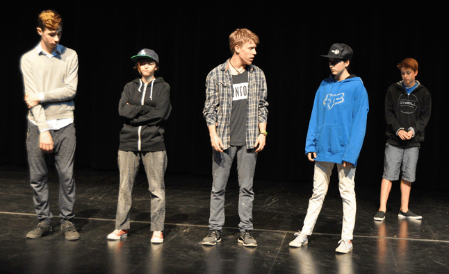 The boys in this saga of teenaged angst, Dan (left) played by Roman McGrath-Beruschi, Tyson played by Avery Matson, Matt Kurtenbach and Framji played by Claudia Cinelli are properly bewildered at the way they've been dumped. But their semi-outsider friend, Victor (right, back) played by Tristan Herle has a plan to help them win back the girls' affection... David F. Rooney photo