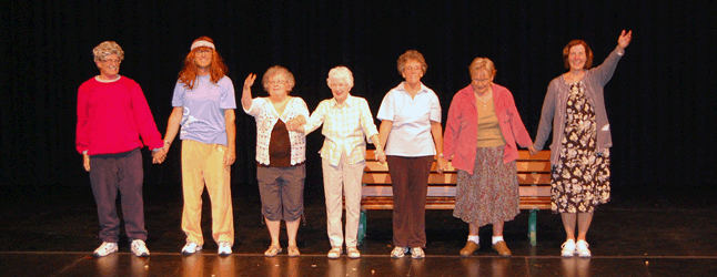 Want a really good chuckle? Imagine Ken Jones and John Teed wearing falsies in Flying Arrow’s production of A Bunch of Little Plays and you’ll be sure of a ripping good laugh. Here's most of the cast (from left to right) of the eight skits and one song that comprise this little variety show: John Teed, Ken Jones, Carolyn Johnston, Joyce MacLean, Gillian Hewitt, Toni Johnston and Donna MacLeod. Gill MacLachlan was missing from this curtain call. David F. Rooney photo