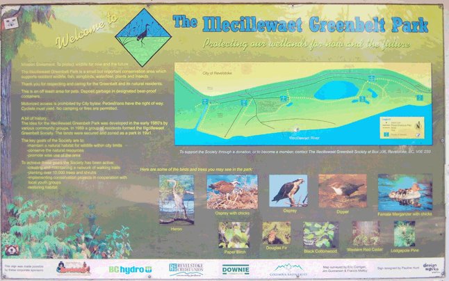 The existing maps, which are fading and decaying, are mounted on 4'x8' sheets of either 1/4" or 3/8" plywood. Both signs measure 44" high and 72" long. Please note that the existing maps are no longer current and accurate. Please contact Greenbelt Society President Louisa Fleming at lfleming@telus.net to acquire current maps. Please click on this image to see it in a larger format. David F. Rooney photo 