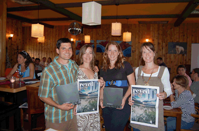 Saturday, June 13, was a big night for Reved and its publisher, Heather Lea (second from the left). The quarterly arts and culture publication marked its tenth anniversary with a special anniversary issue and a commemorative black-covered book of the best of its arts and culture stories and illustrations. Heather and staff members Rory Luxmoore (left), Imogene Whale (centre right) and Emily Beaumont partied with lots of readers and friends at Woolsey Creek. David F. Rooney photo