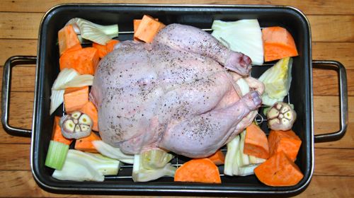 A pan with a grill, just large enough for the chicken plus veg, allows all to roast thoroughly. Remove veggies when brown.