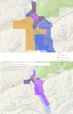 The top map was the original one posted on a Telus Web page. It clearly suggests that the new high-speed Internet service would be extended to Begbie bench. However, Telus called the map a mistake and pulled it, replacing it with the map on the bottom. That replacement map excludes Begbie Bench but continues to show that the service will be offered to homes south of the city along Airport Way. Revelstoke Current Photoshop illustration