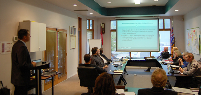 Ralph Krenz (left) of the Independent Investigations Office of BC describes his agency's goals to members of City Council during their regular meeting on Tuesday, September 8. The IIO has jurisdiction over incidents involving on-duty and off-duty municipal police, the RCMP, transit police and tribal police that result in serio9us jarm or death.  It also has jurisdiction over on-duty Provincial Special Constables while they are exercising their special constable authority. David F. Rooney photo
