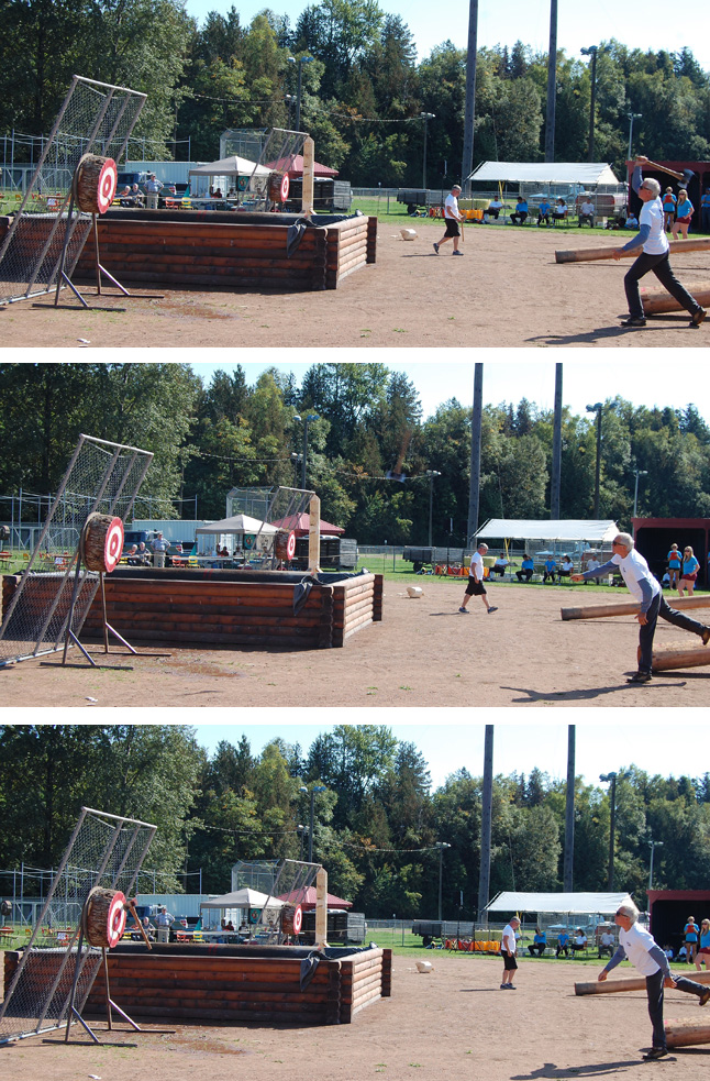 Avalanche forecast Alan Dennis tried his hand in the men's Axe Throwing competition. Can you spot the axe tumbling through the air in the middle image? David F. Rooney photo