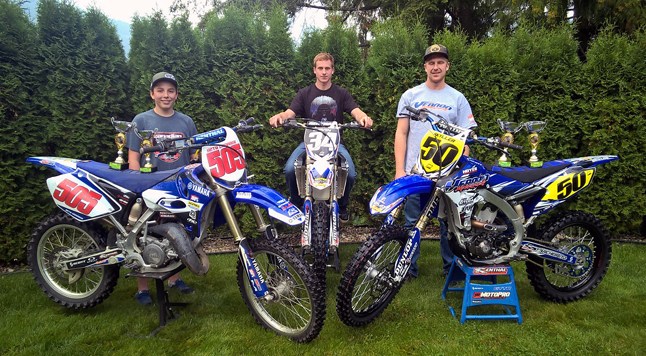 Local motocross riders Seth Chevrier (left), Devin Archer and Skyller Archer have been racing all summer in the Future West Motocross Series and have just finished up the season with fantastic performances in the Future West BC Championships at the Bear Creek track in Kelowna. This series had the best of BC riders competing for titles in their classes. Revelstoke made it to the podium with Skyller Archer (#50) getting  second-place finish overall in the  Intermediate MX2 class and second overall in the  Intermediate MX3 class. Also 15-year-old Seth Chevrier (#505) finished with a second overall finish in the Schoolboy class and third overall in the Junior B class. Devin Archer (#34) also competed in the Beginner class at the racing in Kelowna. Joel Chevrier photo
