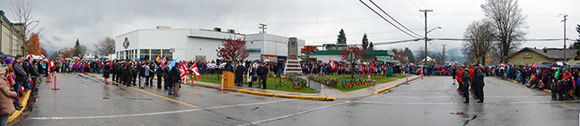 This panorama gives you a sense of the scale of Revelstoke's well-attended Remembrance Day rituals. Please click on this image to see a larger version. David F. Rooney photo