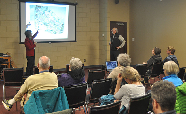 Could a cohousing project work in Revelstoke? That's a question that was percolating through the minds of people who attended a public presentation Marc Paradis and Maria-Lynn Johnson on Thursday, January 11. Here Maria-Lyn points to some of the features that could form part of a cohousing project. This is the second time she and her partner have spoken publicly about cohusing in Revelstoke. Their first presentation was in 2014. David F. Rooney photo