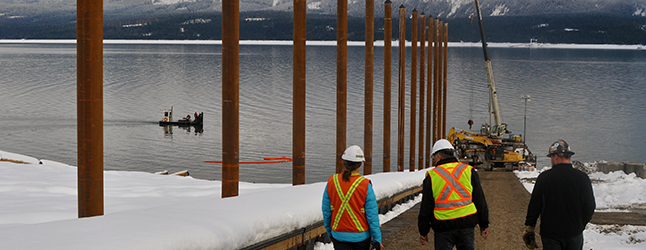 The new $2.2 million boat launch being built by BC Hydro at Shelter Bay is rapidly nearing completion. The project consists of a floating walkway and two wooden breakwaters north and south of the new ramp, and a larger and improved turnaround on the side of the ramp. David F. Rooney photo