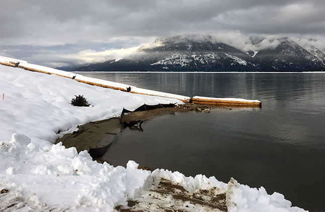 Those logs, all linked by chains, will form one of two wooden breakwaters — one north of the new ramp and walkway and one south of them. Peter Bernacki photo