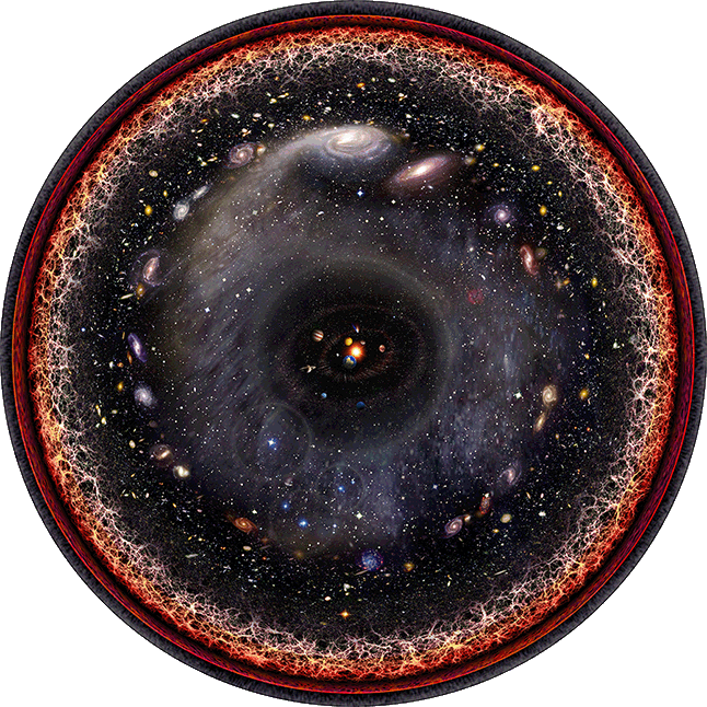 Here is something you don’t see every day: an artist's logarithmic scale conception of the observable universe with the Solar System at the center, inner and outer planets, Kuiper belt, Oort Cloud, Alpha Centauri, Perseus Arm, Milky Way galaxy, Andromeda galaxy, nearby galaxies, Cosmic Web, Cosmic microwave radiation and the Big Bang's invisible plasma on the edge. "… I was drawing hexaflexagons for my son’s birthday (when) I started drawing central views of the cosmos and the solar system," artist Pablo Budassi told interviewer Kelly Dickerson for the online Tech Insider. "That day the idea of a logarithmic view came and in the next days I was able to it with Photoshop using images from NASA and some textures created by my own." I spotted this while cruising through some of the science websites I have bookmarked on my browser and thought some of The Current’s readers might enjoying seeing it, too. Please click on the image to see a much larger version. Please click on the links below to find out more. Paul Budassi image courtesy of Wikipedia Commons