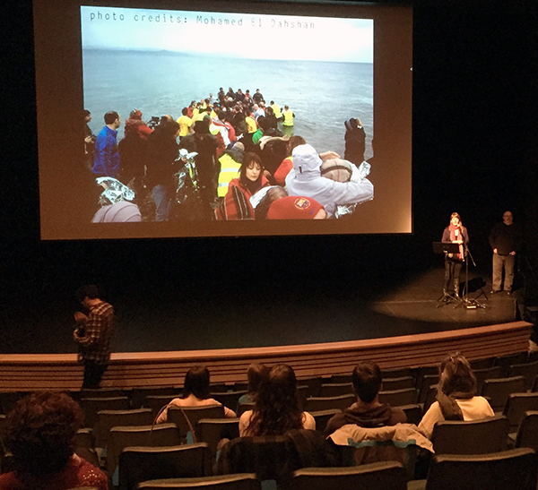 Thursday evening’s screening at the Performing Arts Centre of six short videos about the humanitarian disaster in Syria raised $1,791.55 for the Revelstoke For Refugees Committee’s effort to bring at least one refugee family to the community. Revelstoke for Refugees' Rana Nelson and George Brodie welcome the 70 people who attended Thursday evening's presentation of six short videos at the Performing Arts Centre. David F. Rooney photo