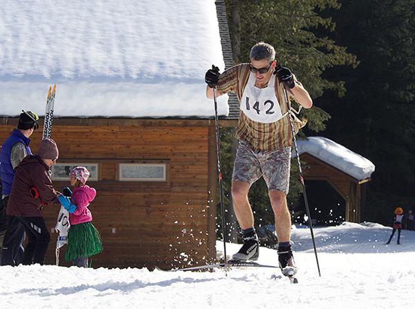 Harry van Oort bares his arms and legs for the second fastest skate ski lap. Mike Thomas photo