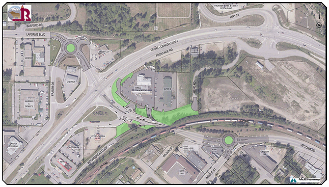 Revelstoke may be about to get its first two traffic circles — both of them in the troublesome Mutas corridor. Please click on the image to see a larger version of it. Map courtesy of the City of Revelstoke