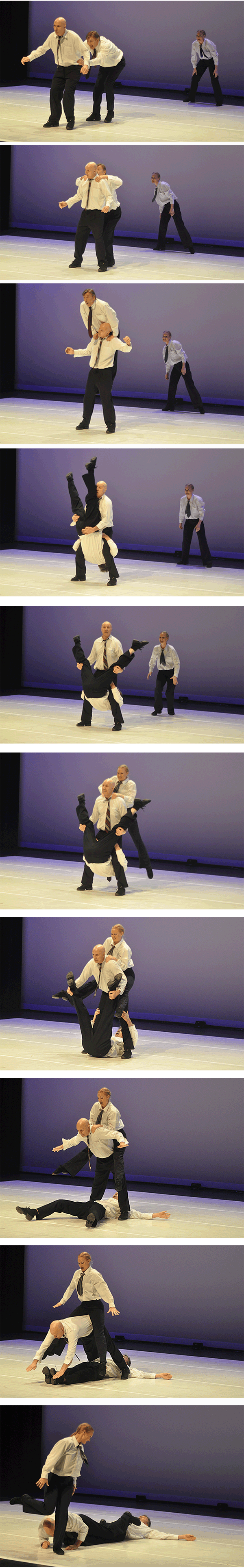 This presentation from a show called Giddy Whirl featured dancers Jack Langenhuizen, Natalie Radford, and James Croker dancing to a song called Tied Up by Yello. David F. Rooney combo images 