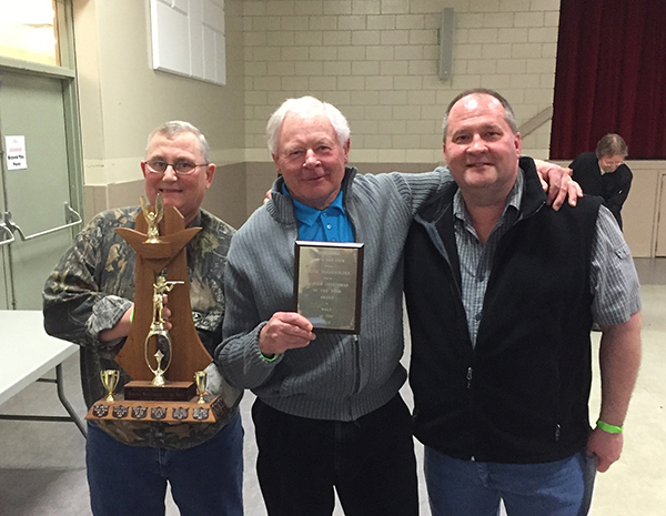 Keth Frederiksen (center) poses with Alex Cameron (left) and Troy Ferguson (right) after being presented with the Hunter Sportsman Award for a wolf (16 7/16. He also took home the firsrt place grizzly award and the Bruno Award. David F. Rooney photo