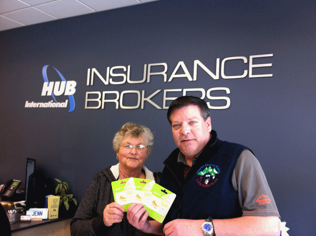 Bjorg Buhler (left) was the lucky winner of $300 in Cooper's gift cards in a draw sponsored by Hub International Barton Insurance Brokers. Branch Manager John Grass presented her with the cards. The insurance company will be giving away another $300 in gift cards which will be drawn on May 2, 2016. "Keep an eye open for entry forms coming to you soon," said Grass.